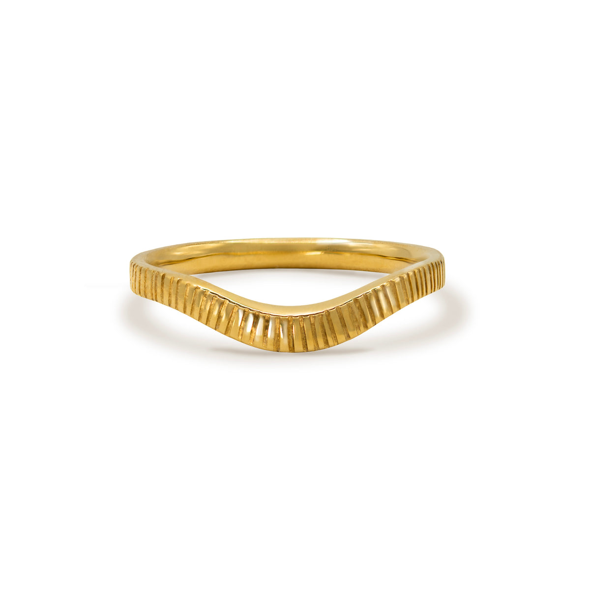 18ct yellow gold Curved Wedding Ring with fine linear engraved texture, shown on a white background.