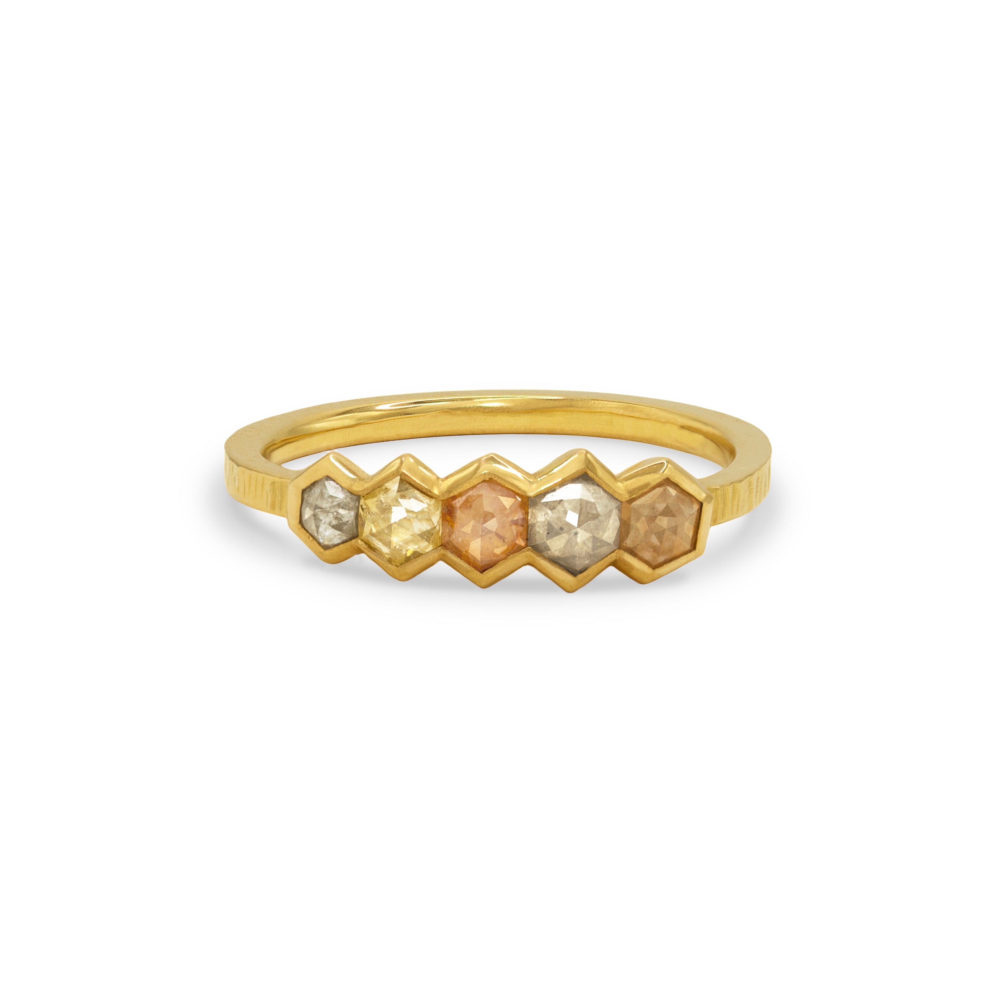 18ct Gold & Hexagon Diamond Ring with five graduating blush-toned hexagon diamonds set in a row, shown on a white background.