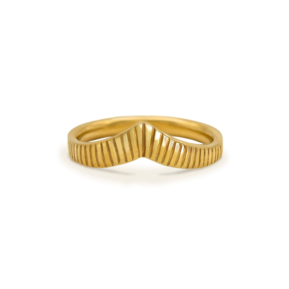 18ct yellow gold Wishbone Ring with fine linear engraved texture across the chevron band, shown on a white background.