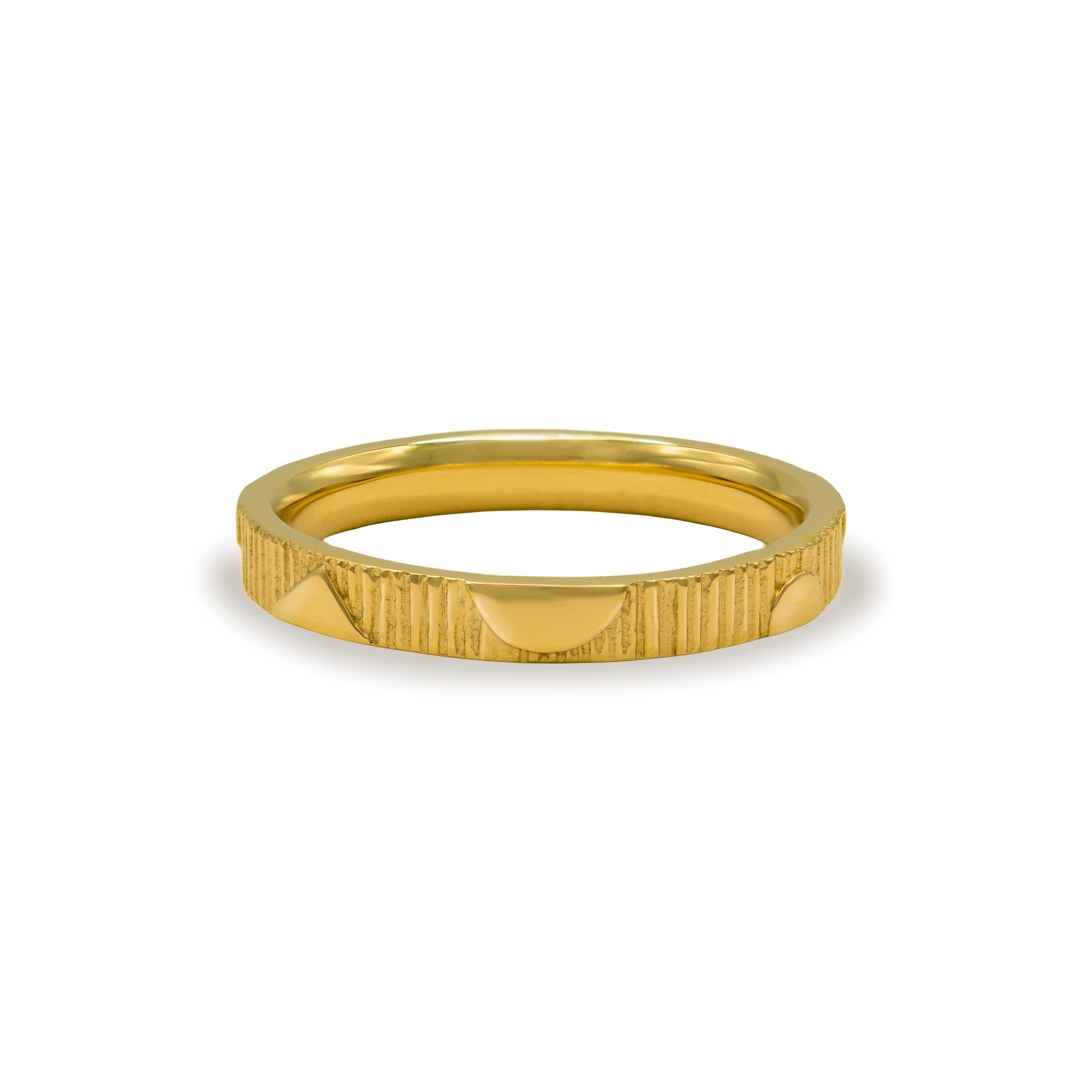 Gold Shapes Ring featuring raised geometric shapes and etched line texture, shown on a white background.