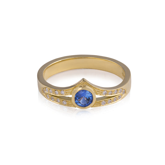 Crested Gold & Blue Sapphire Ring with Diamonds
