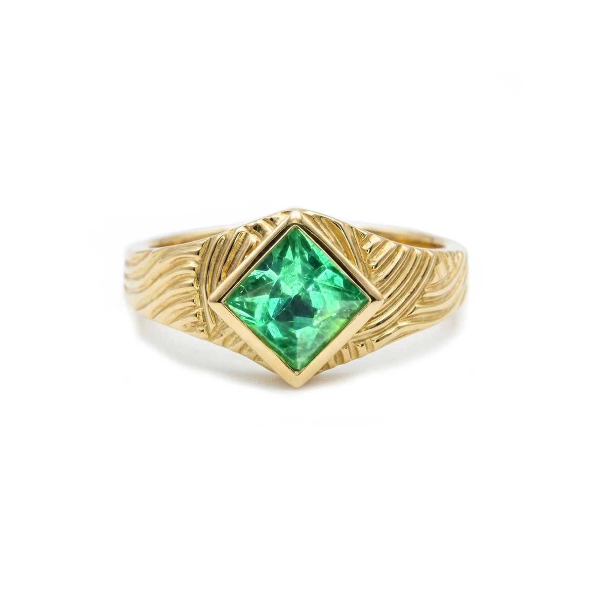 Square Emerald Rippled Gold Signet Ring