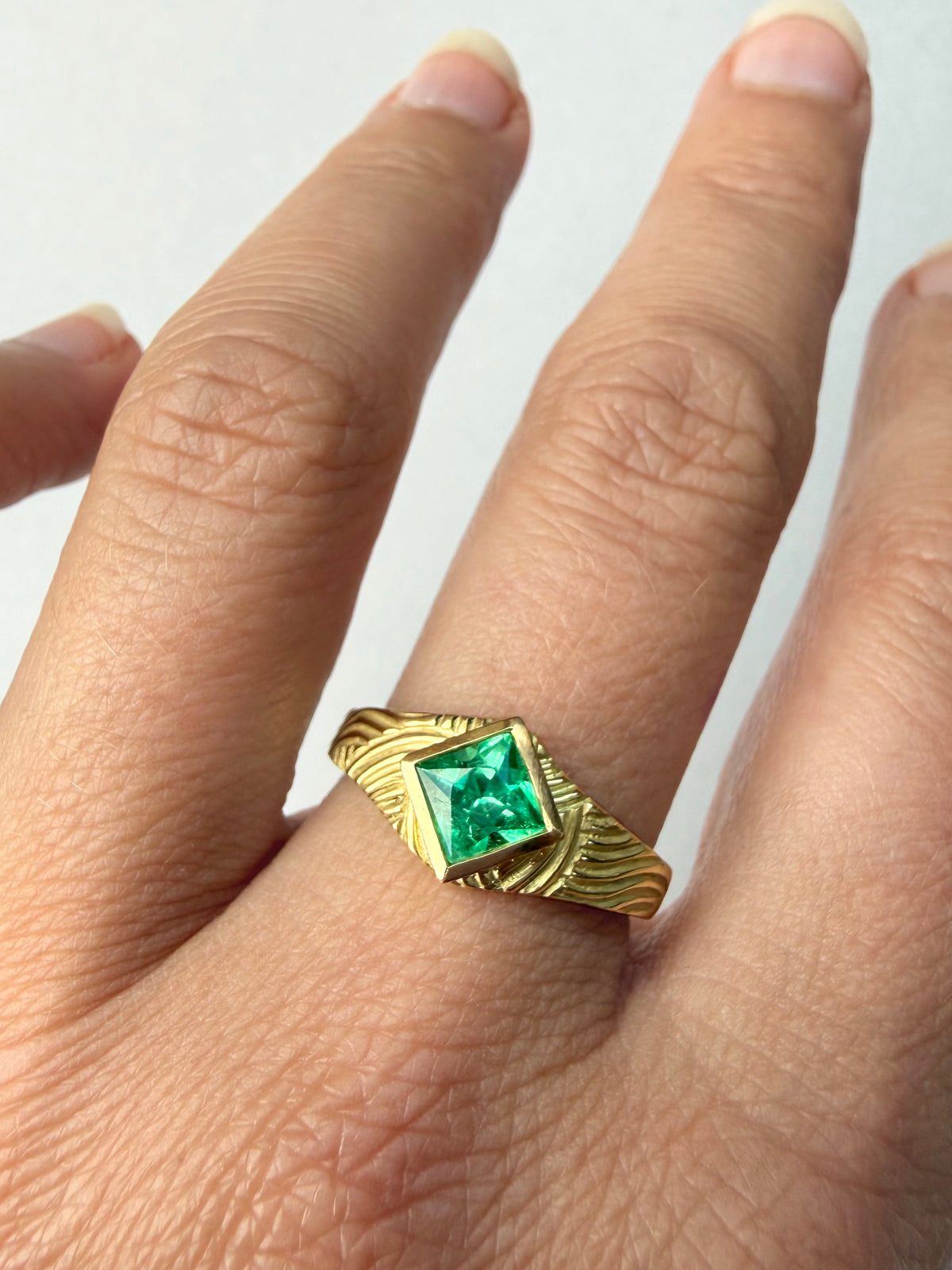 Square Emerald Rippled Gold Signet Ring