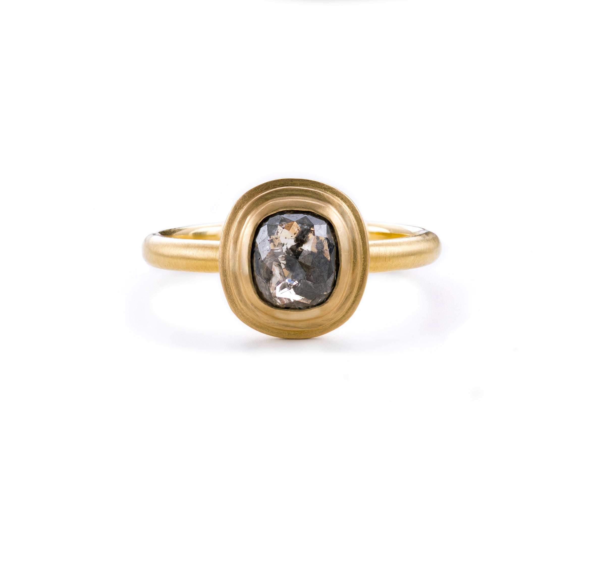 18ct Cushion Cut Diamond Ring with a salt and pepper diamond in a stepped gold bezel, shown on a white background.