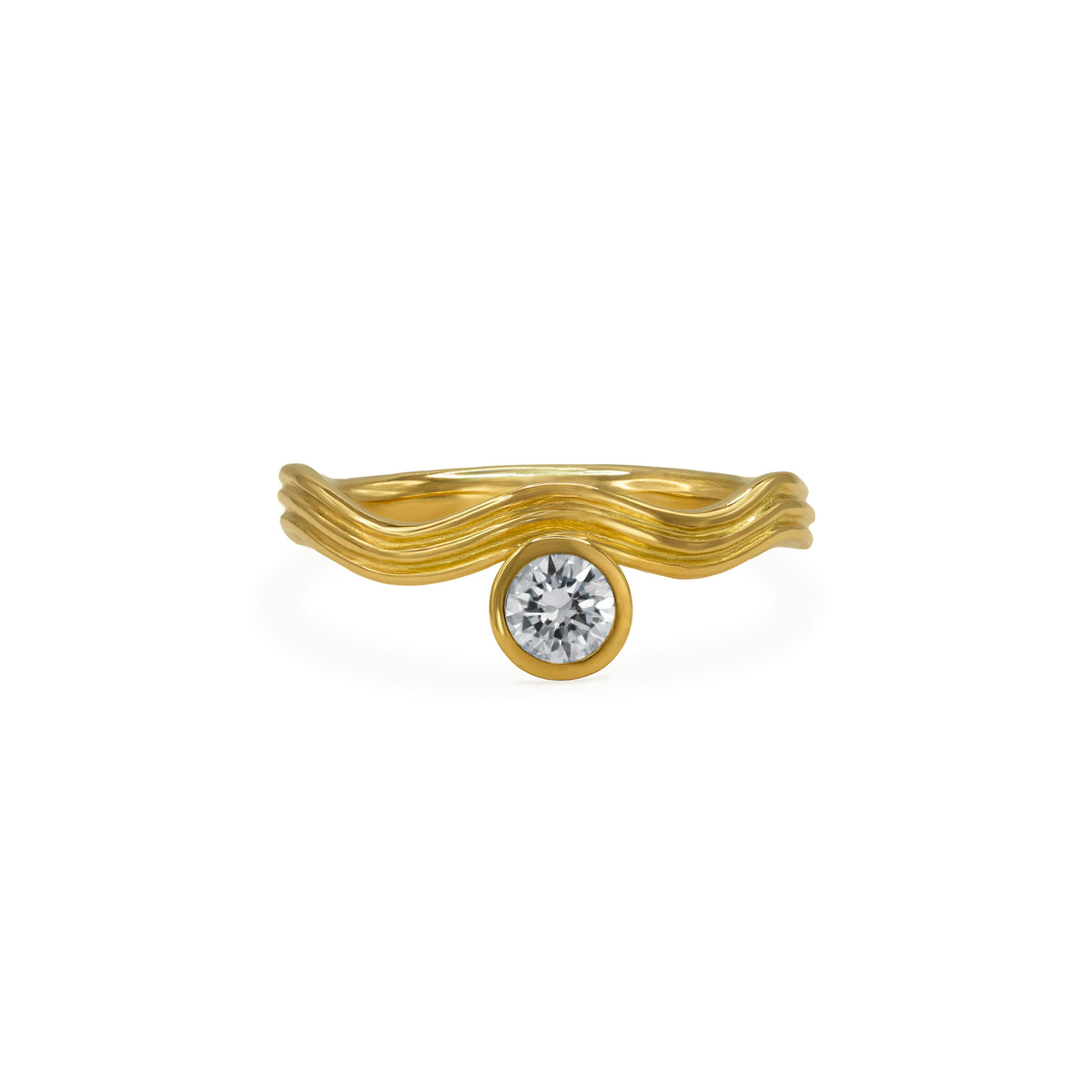 Fine Wave Solitaire Diamond Ring with a bezel-set round diamond on a slim wavy gold band, shown on a white background.