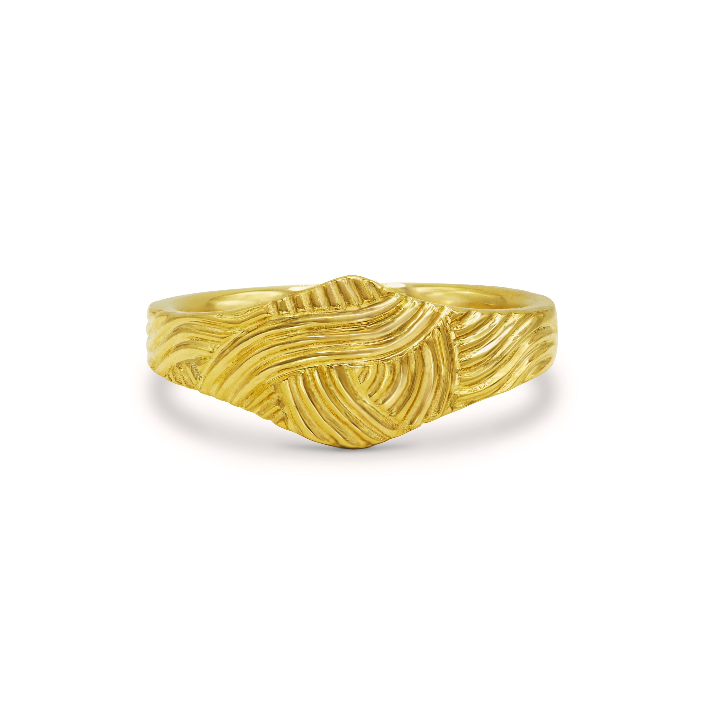 Gold Patterned Signet Ring with hand-carved intersecting lines across a diamond-shaped face, shown on a white background.