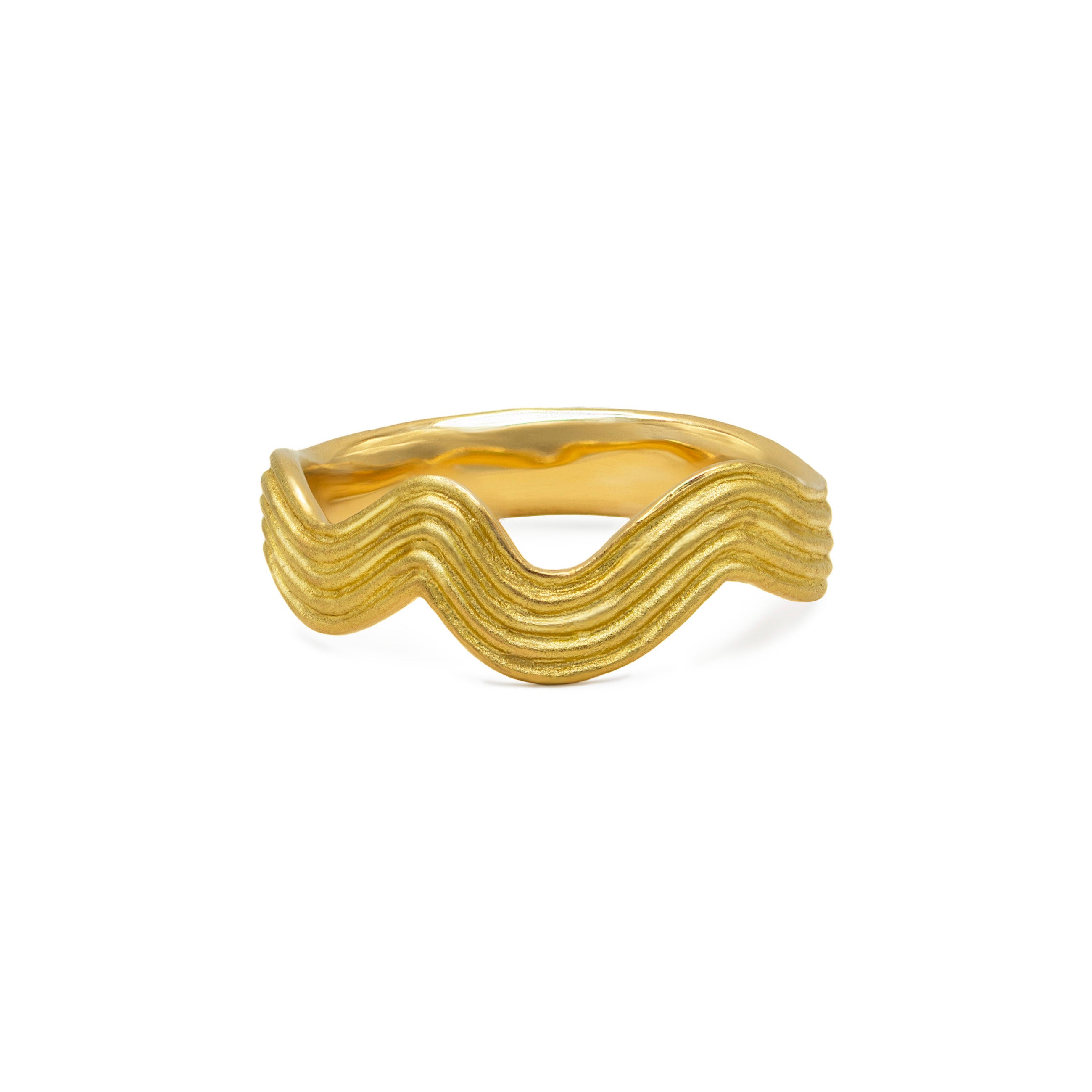 18ct yellow gold Wave Ring with a matte finish and deep wavy silhouette, shown on a white background.