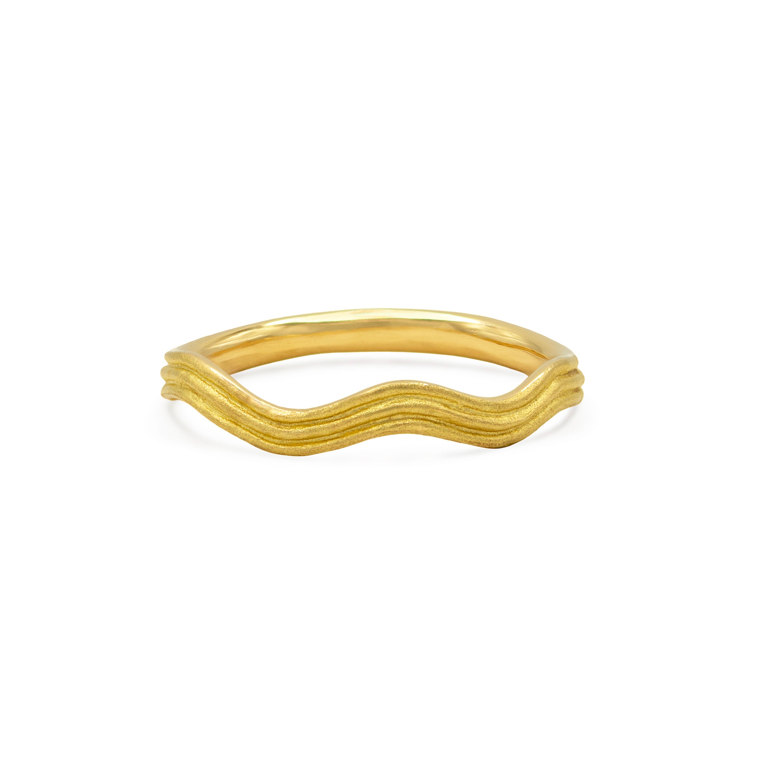 18ct yellow gold Fine Wave Ring with a slim wavy ridged band, shown on a white background.