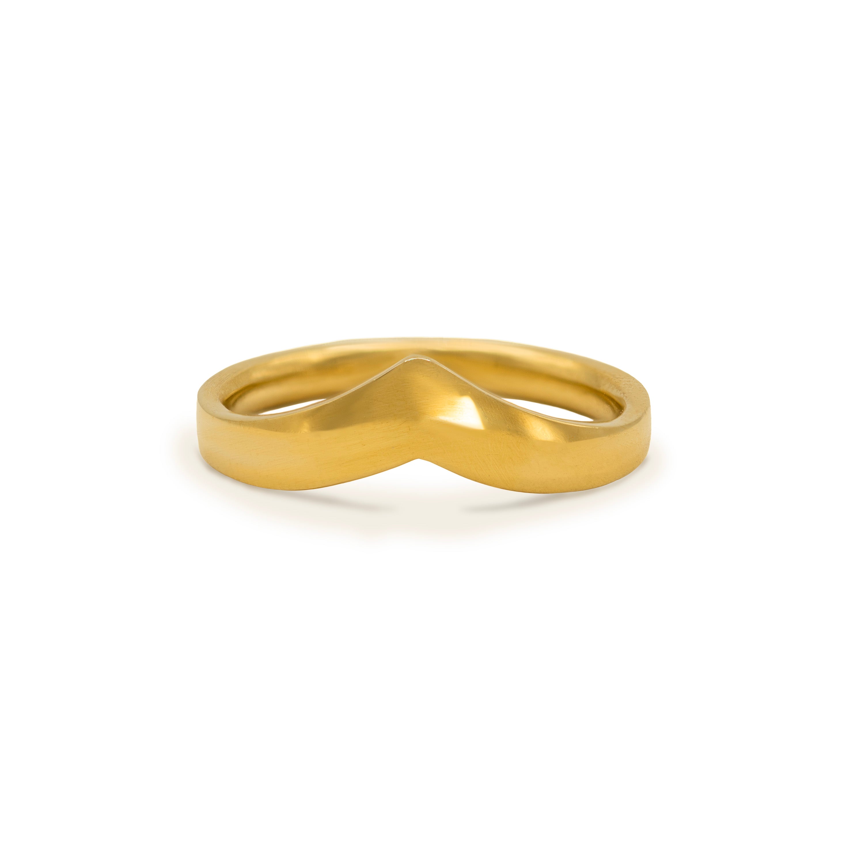 18ct yellow gold Wishbone Ring with a softly sculpted chevron shape, shown on a white background.