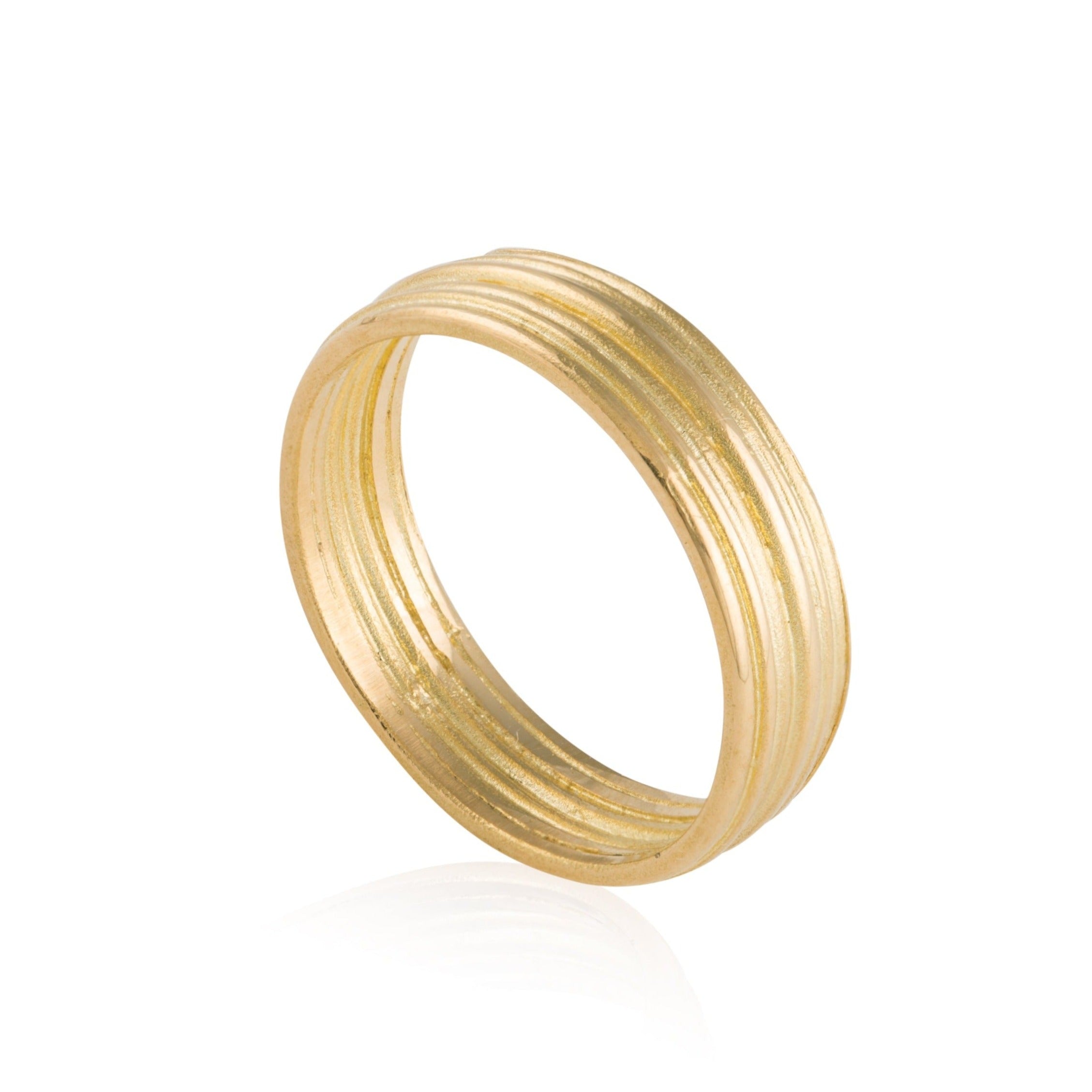 Gold ring with a rippled ridge pattern that looks like several fine rings stacked together